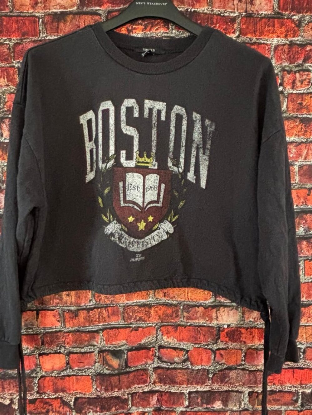Forever 21 Boston University Cropped Sweatshirt M Charcoal Collegiate Preppy